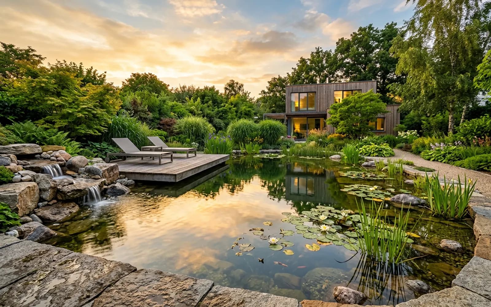 Naturnaher Gartenteich mit Uferbepflanzung, Kieszone und Natursteinen