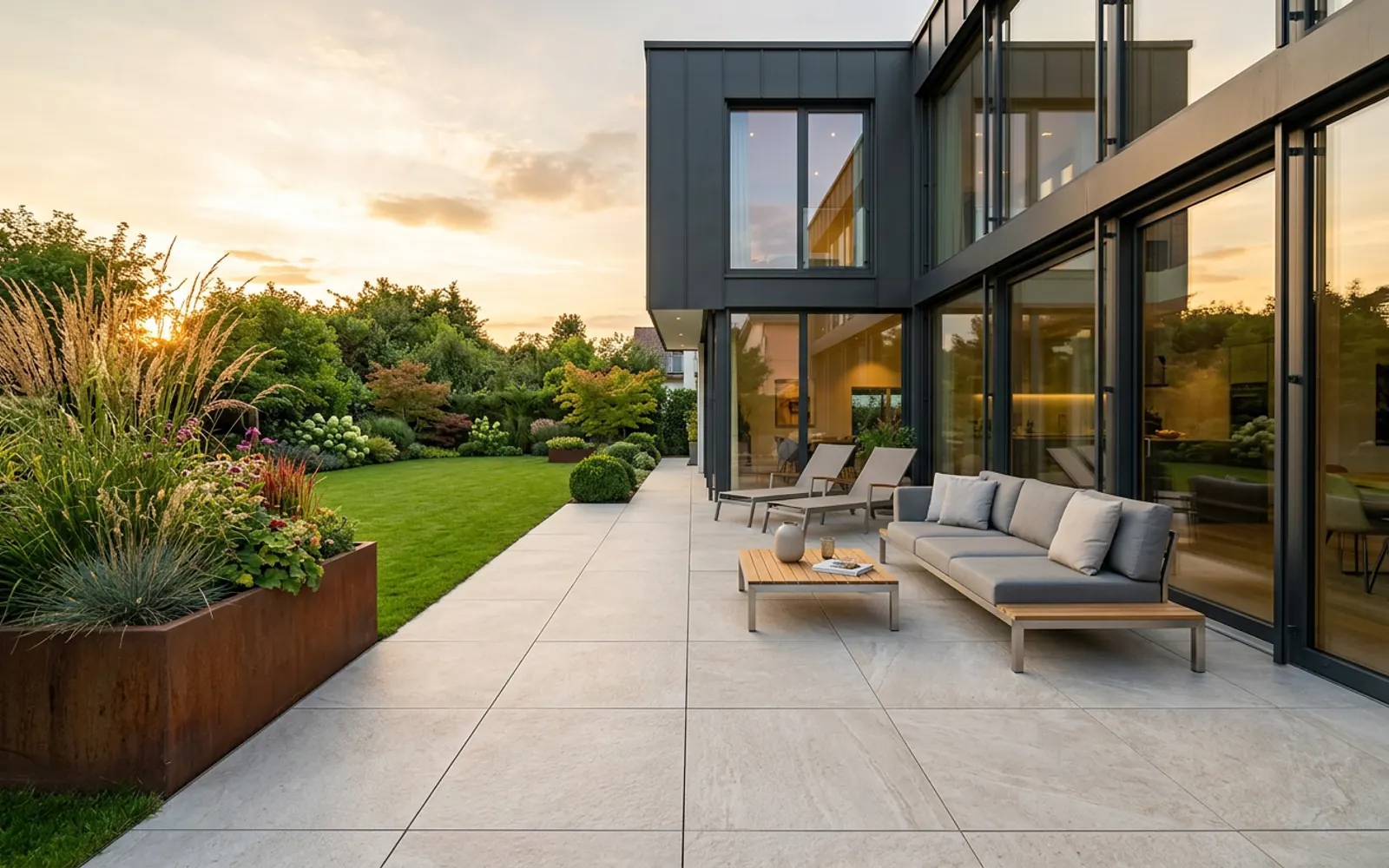 Terrassenbau in Simmern/Hunsrück – Neu gebaute Terrasse mit großformatigen Feinsteinzeugplatten in Marmoroptik – Terrassenbau von SHG Garten- und Landschaftsbau in Bad Kreuznach