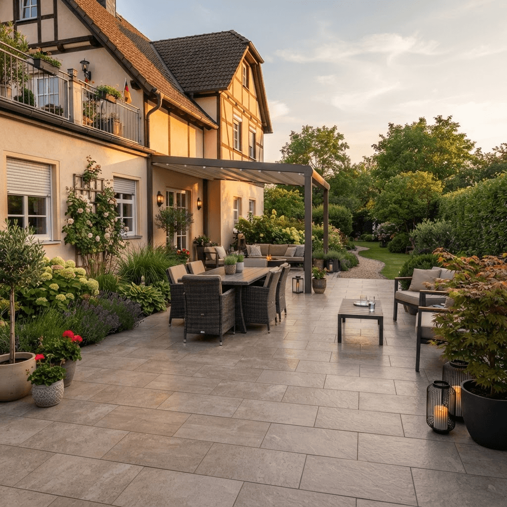 Moderne Terrasse mit großformatigen Feinsteinzeugplatten und Blick in den Garten