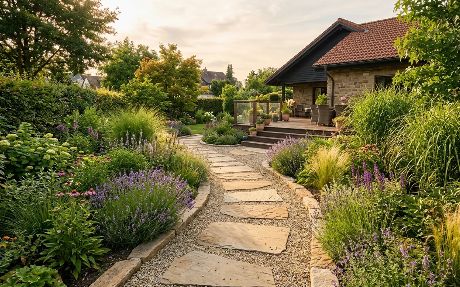Geschwungener Plattenweg durch einen Garten mit Rasenflächen und Beeten