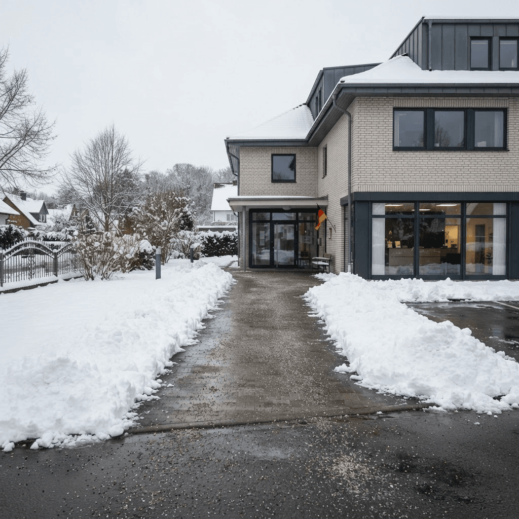Geräumter und gestreuter Gehweg vor einem Wohnhaus im Winter