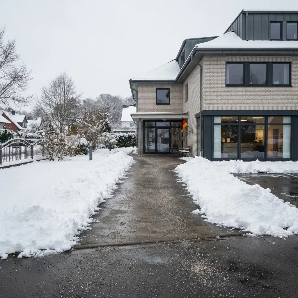 Geräumter und gestreuter Gehweg vor einem Wohnhaus im Winter