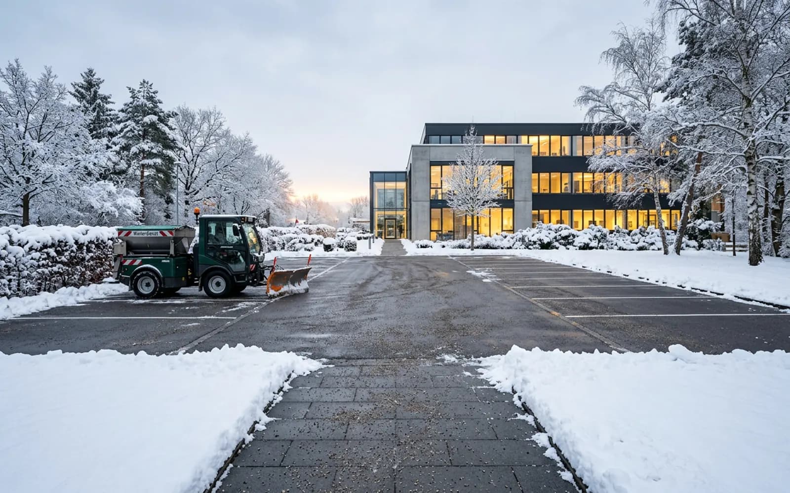 Geräumter und gestreuter Gehweg vor einem Wohnhaus im Winter