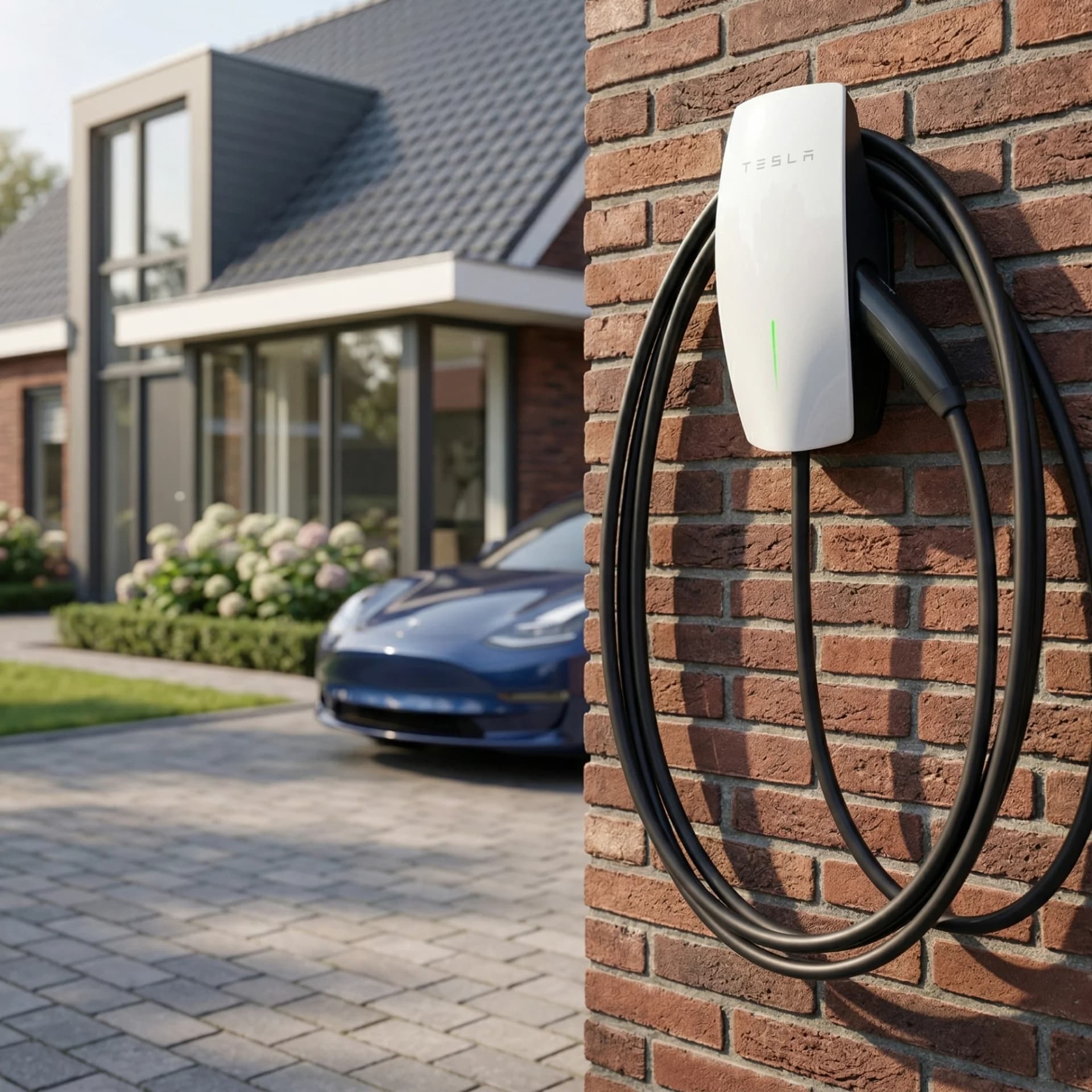 Tesla Wall Connector an einer Hauswand mit Elektroauto in der Einfahrt